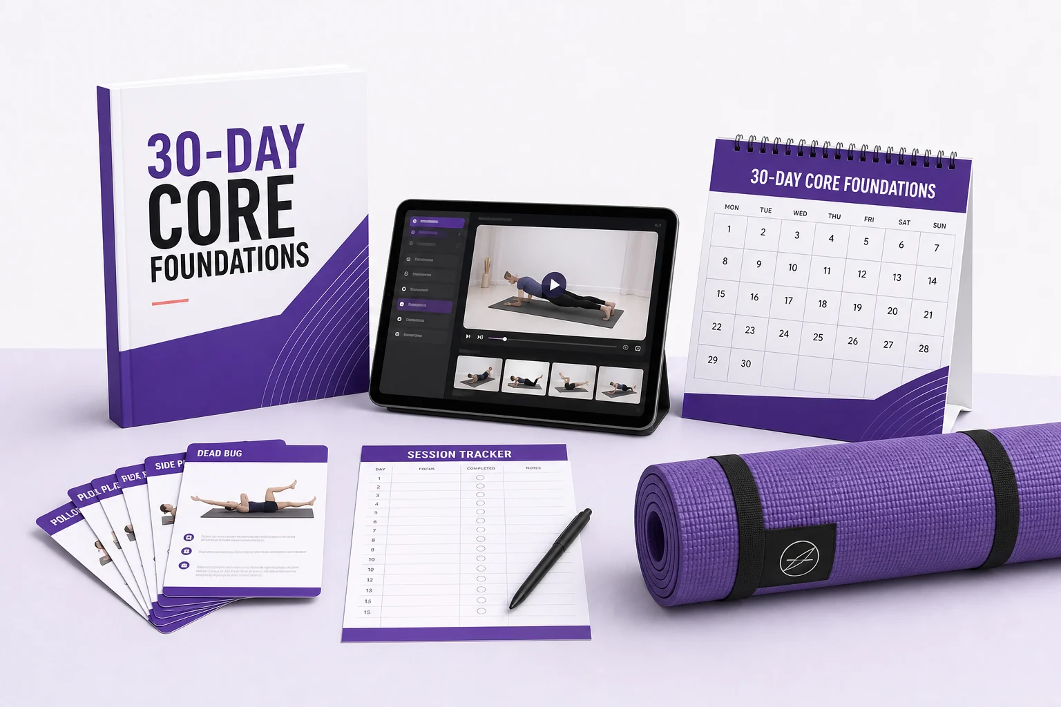 30-Day Core Foundations guide, video library, calendar and tracker