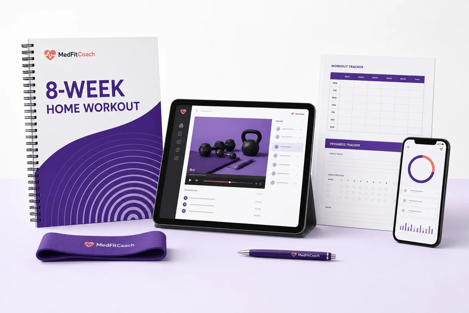 MedFitCoach 8-Week Home Workout bundle with guide, exercise video library and progress trackers