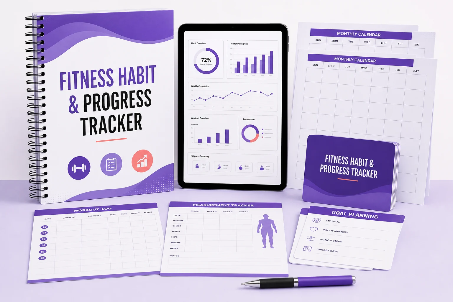 Fitness Habit and Progress Tracker with dashboard, calendars and workout logs