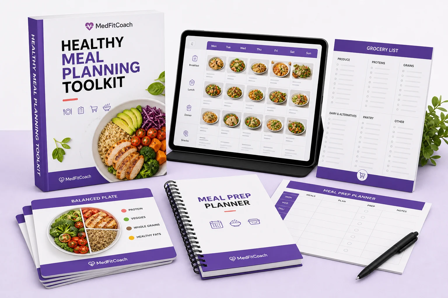 Healthy Meal Planning digital toolkit with planner, grocery lists and balanced plate guide