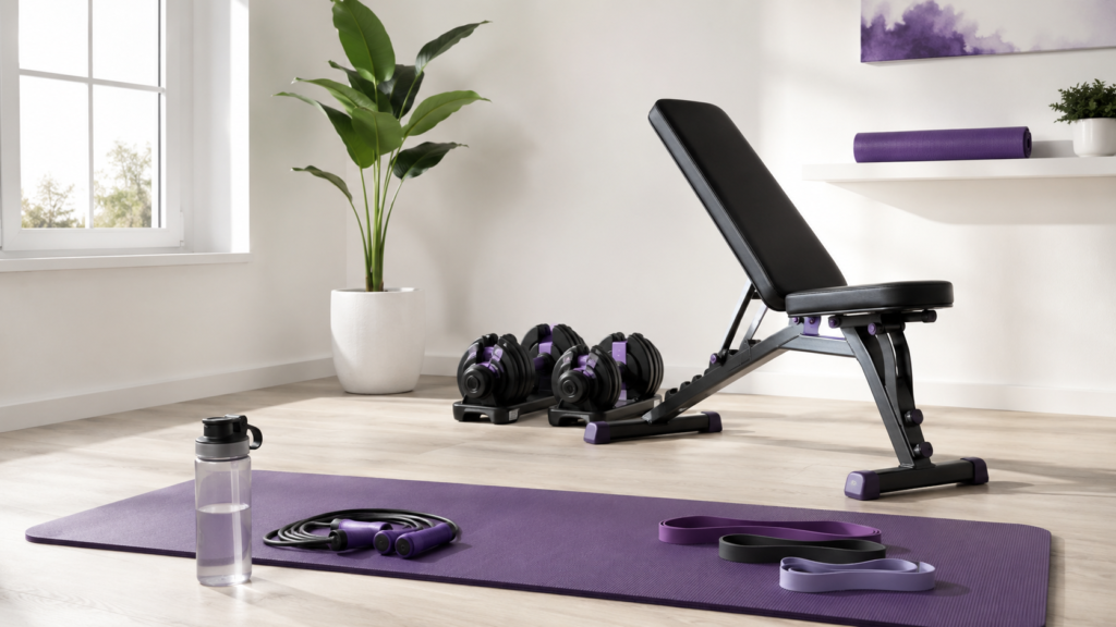 Home gym equipment for beginners with dumbbells, resistance bands and an exercise mat