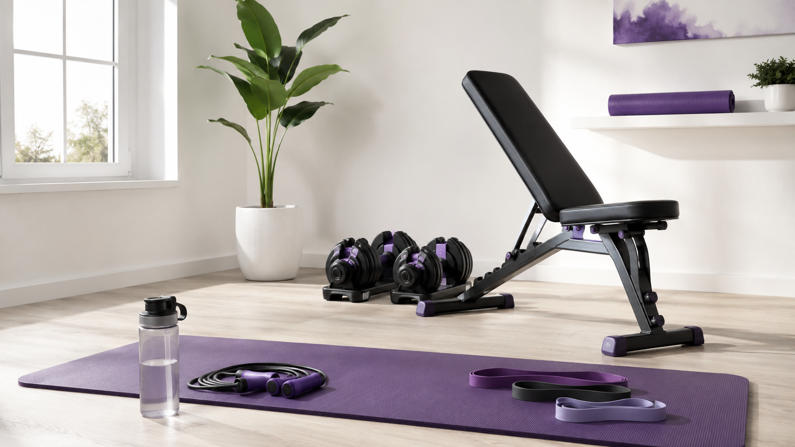 Home gym equipment for beginners with dumbbells, resistance bands and an exercise mat