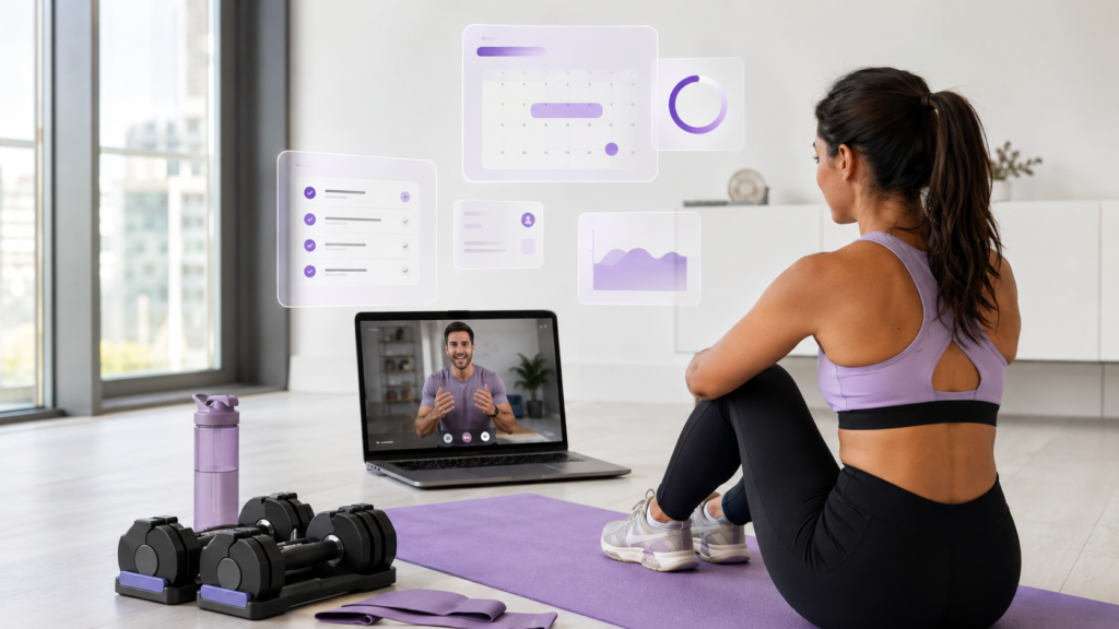 Online fitness coach guiding a client through a personalized workout plan